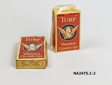Two small packets of ten 'Turf' cork tipped vitgonia cigarettes in original cellophane wrapped packs. 