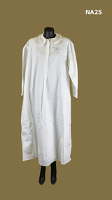 White pin tucked nightdress with concealed pearl button front fastening. 