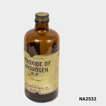 A brown bottle of hydrogen peroxide.