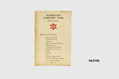 Small booklet with patterns for socks, stockings, garters, spiral stockings (navy), balaclava, long sleeved pullover, sleeveless pullover, scarf, mittens, cap. airmen's neck muff,airmen's woolen glove used on active service.