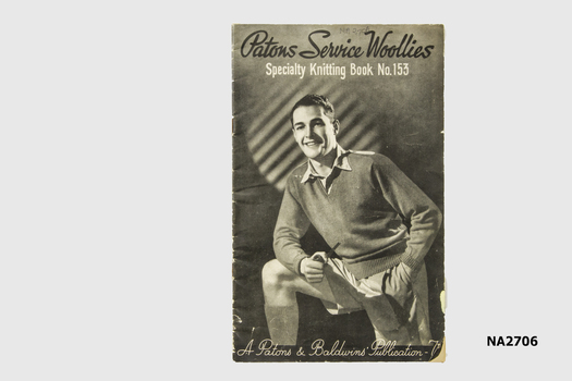 Small booklet with patterns for socks, stockings, garters, spiral stockings (navy), balaclava, long sleeved pullover, sleeveless pullover, scarf, mittens, cap. airmen's neck muff,airmen's woolen glove used on active service.