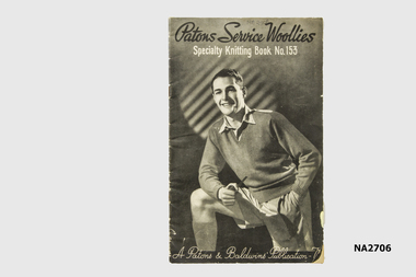 Small booklet with patterns for socks, stockings, garters, spiral stockings (navy), balaclava, long sleeved pullover, sleeveless pullover, scarf, mittens, cap. airmen's neck muff,airmen's woolen glove used on active service.