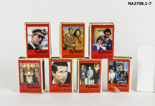 Set of 7 matchboxes issued to commemorate the wedding of Prince Charles and Princess Diana.