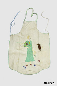 Green calico apron embroidered with a lady in green frock.
