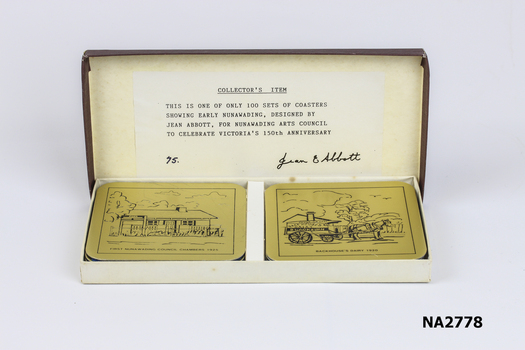 Boxed set of six square coasters with rounded edges.