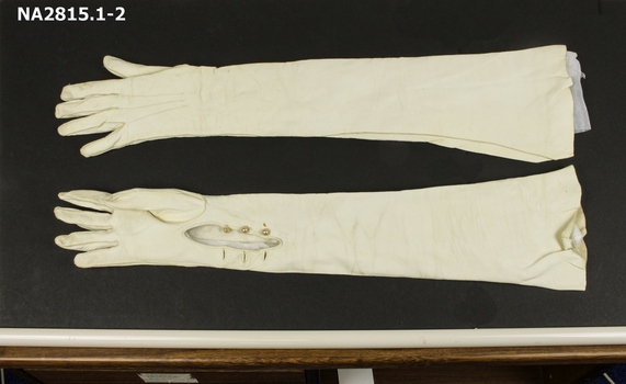 Full length white kid or doeskin leather evening gloves. 