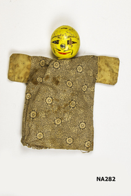 Wooden Yellow doll's head on cloth dress