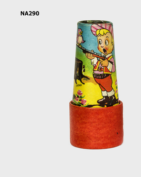 Cylinder with small peephole at one end.  Drawing of child and animals on sides and base. 