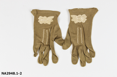 Ladies short gloves, Beige rayon with cream embroidered motifs at wrist.
