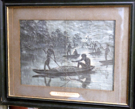  A black and white etching titled 'A Native Funeral. A reminiscence of the Murray River' 