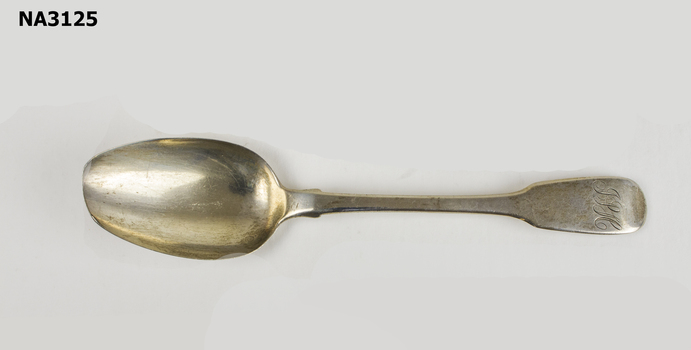 Sterling silver serving spoon, initialled on handle in script J S H William 1V, 1830. Maker RB - not listed as a major silversmith. 