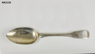  A silver plated serving spoon with initials of D J M engraved, hallmarks not of a silversmith, but probably a plater. 