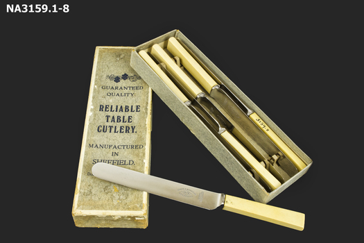 Six stainless steel table knives - bone handle.