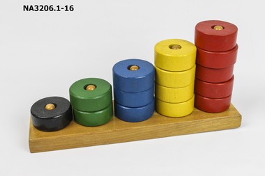 Wooden base with five uprights down centre painted yellow to hold coloured counting rings in five colours.
