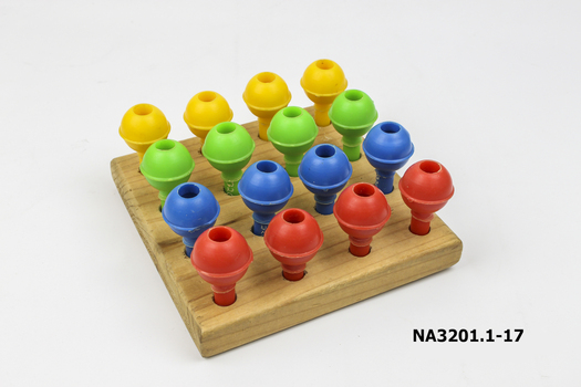 Square wood base with sixteen holes to hold sixteen coloured pegs