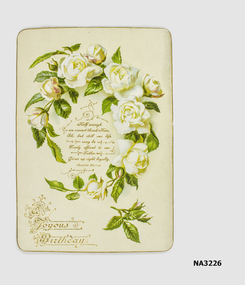 Birthday card with ring of white roses and leaves around verse by Charlotte Murray in gold 'A Joyous Birthday'