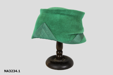 Hat, green velour, matching green ribbon trim;. 