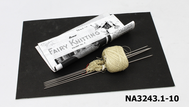 Knitted lace doyley & cotton (ecru) on five steel Fairy Knitting Needles. 