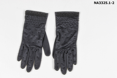 Black nylon, satin look gloves.