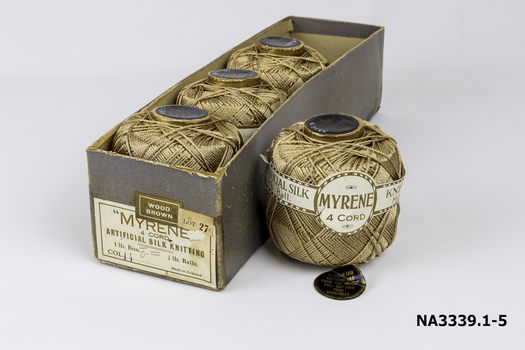 Four balls of artificial silk knitting cord contained in cardboard box.