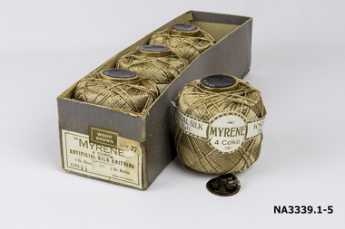 Four balls of artificial silk knitting cord contained in cardboard box.