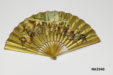 Wide fan with Spanish scene painted on gold paper background