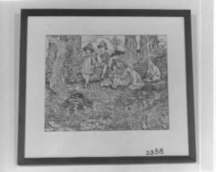 Black and white etched print of children and pixies playing around open fire. 