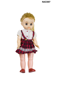 Plastic doll with brown eyes which can shut and open; long blond hair.