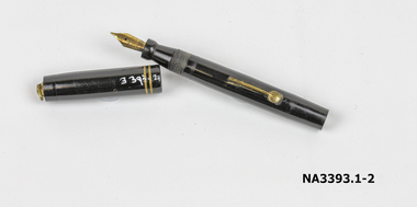 Black plastic fountain pen, 'The Burnham'. Engraved on barrel, 'British Made'. 
