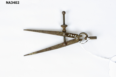 A pair of metal compass divider with a knurled nut on thread