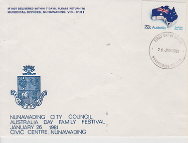 Envelope on which stamped:- 'First Day of Issue, Nunawading Victoria. 