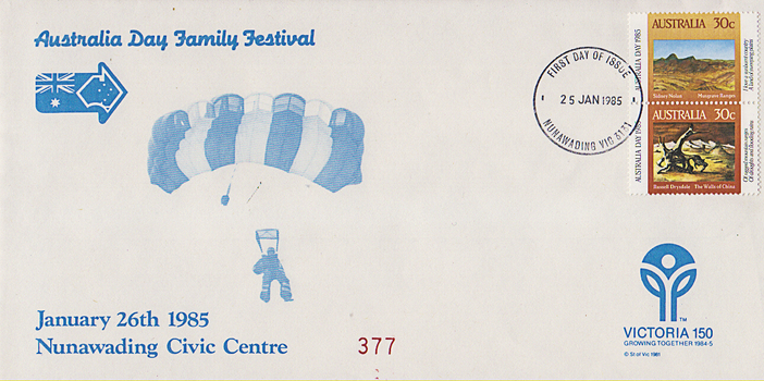 First Day Cover bearing two 30 cent stamps issued for Australia Day 1985,