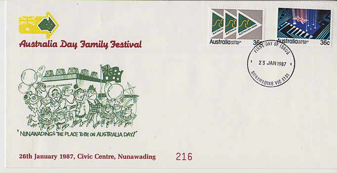 Envelope carrying two 36 cent stamps issued for Australia Day 1987.