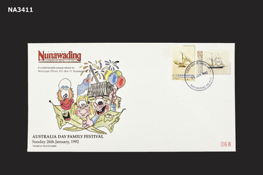 First Day cover bearing two 45 cent stamps; picture of sailing ship on each