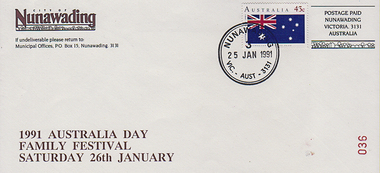 First Day Cover carrying 43 cent stamp representing Australian flag. Postmarked 'Nunawading Vic. Aust 3131 25 Jan 1991'. 
