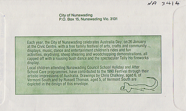First Day cover with 41 cent stamp at upper right corner. Postmarked, 'Nunawading Vic. Aust. 3131 26 Jan 1990'.