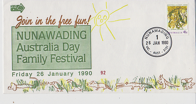 First Day cover with 41 cent stamp at upper right corner. Postmarked, 'Nunawading Vic. Aust. 3131 26 Jan 1990'.