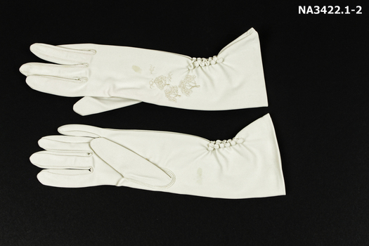 Ladies beige nylon gauntlet gloves,