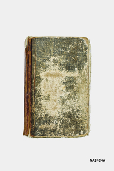 A handwritten lined book of recipes. Ledger sized book with green cover and red spine. 