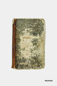 A handwritten lined book of recipes. Ledger sized book with green cover and red spine. 