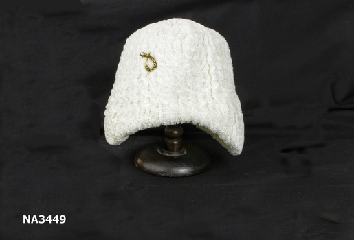 White, chenille, off the face, bonnet shaped hat; 