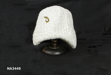 White, chenille, off the face, bonnet shaped hat; 