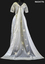 1963 Wedding dress of cream satin; floor length, short sleeves, round neckline, fitted at waist. 
