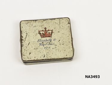 Square silver painted tin with red crown on lid. 