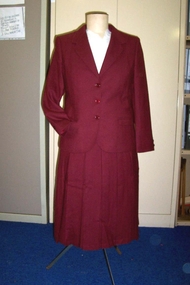 1980 Burgandy wool women's pleated skirt and three buttoned jacket. 