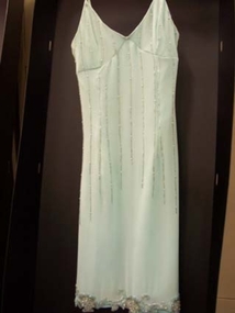 circa 1990s / 2000s aqua chiffon evening dress in the style of a slip with rouleau straps
