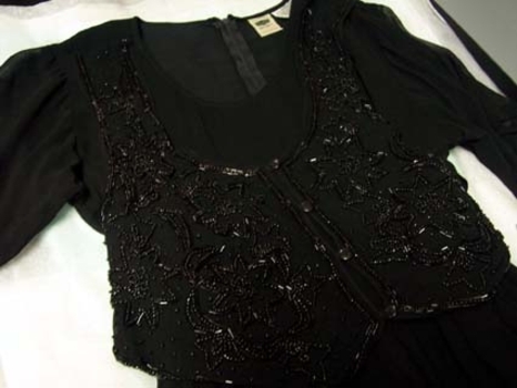 circa 2000 black chiffon evening full length waisted dress with short sleeves, 