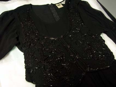 circa 2000 black chiffon evening full length waisted dress with short sleeves, 