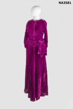 1950's claret crushed velvet floor length dress with cream lace around the high square neckline and around cuffs on long sleeves. 