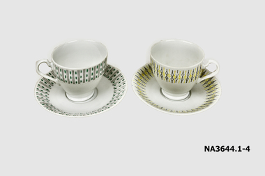 Two tea cups and two saucers from a harlequin set. 